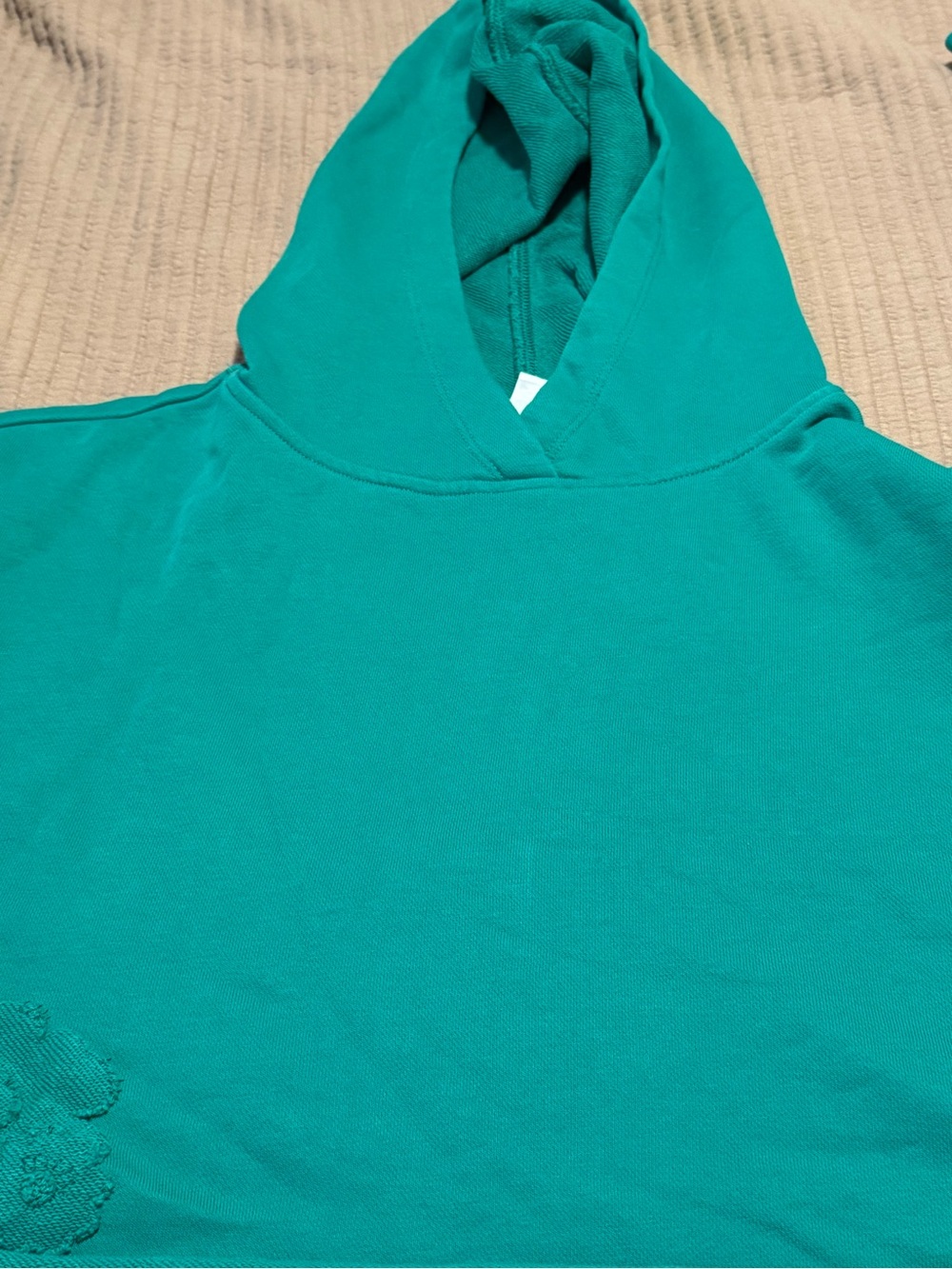 Nike Teal Hooded cropped Pullover Sweatshirt. Flower embroidery detail